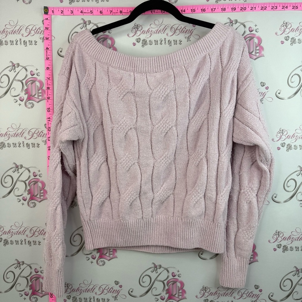 Garage sweater chenille fabric soft Off-Shoulder Cable Knit Sweater in Pale Pink